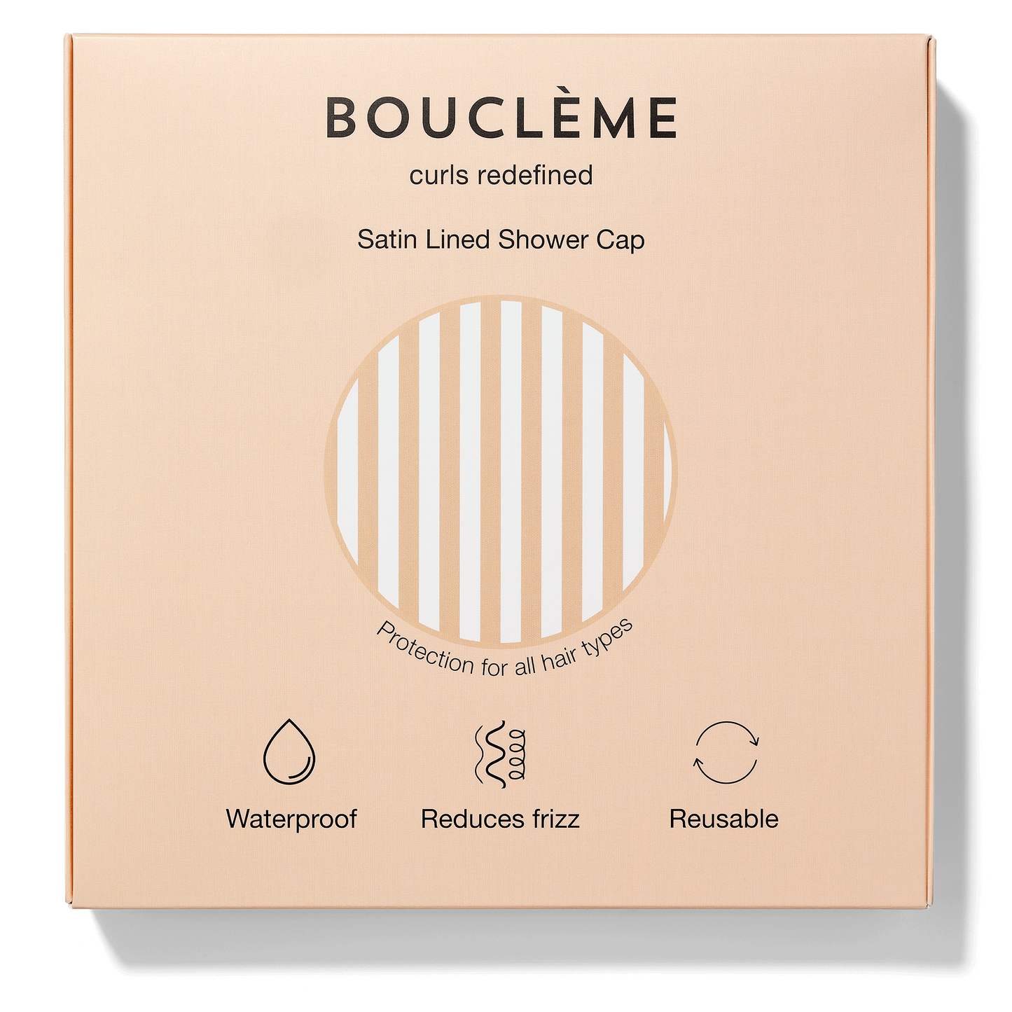Emballage de bouchons de douche satinés Bouclème sur fond beige