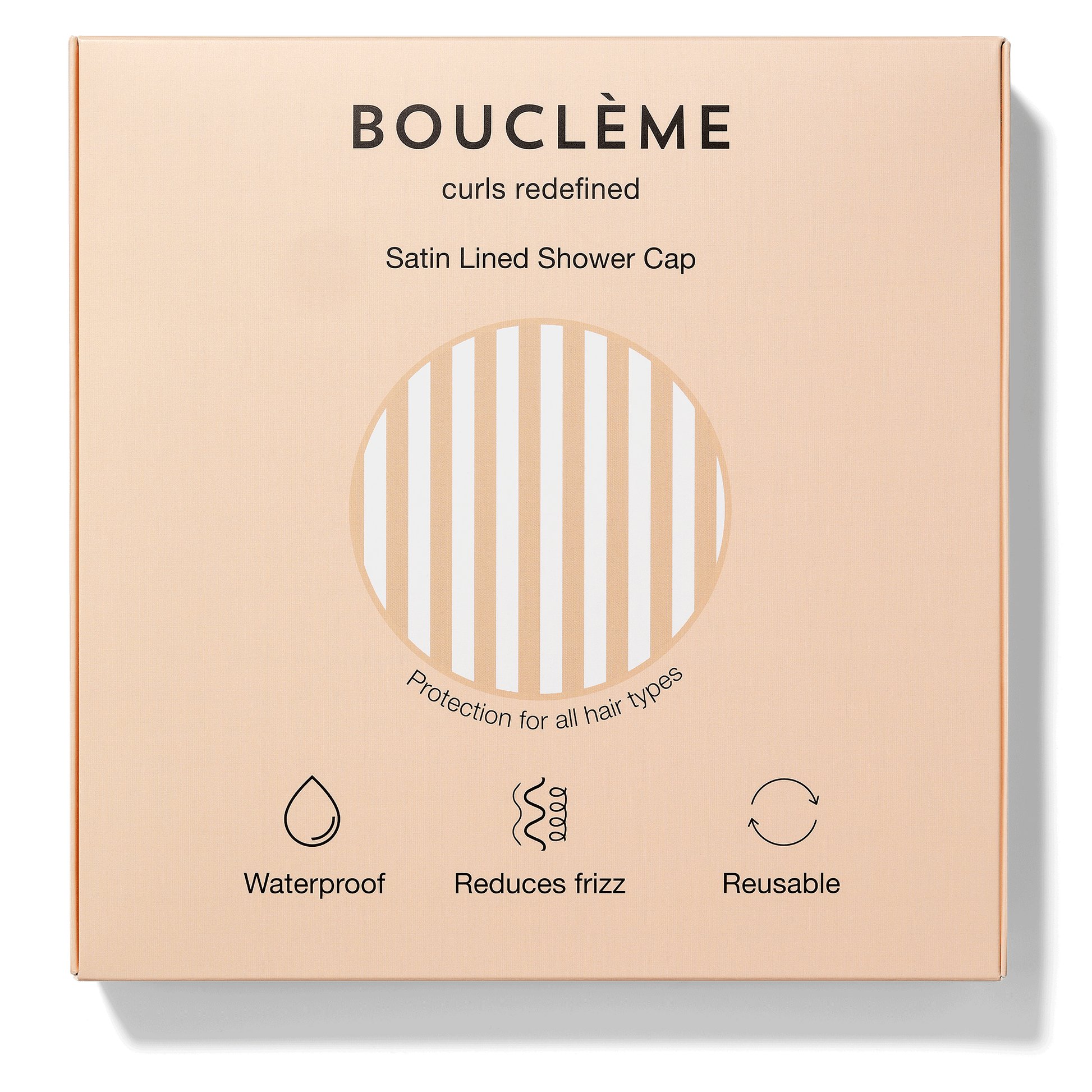 Emballage de bouchons de douche satinés Bouclème sur fond beige