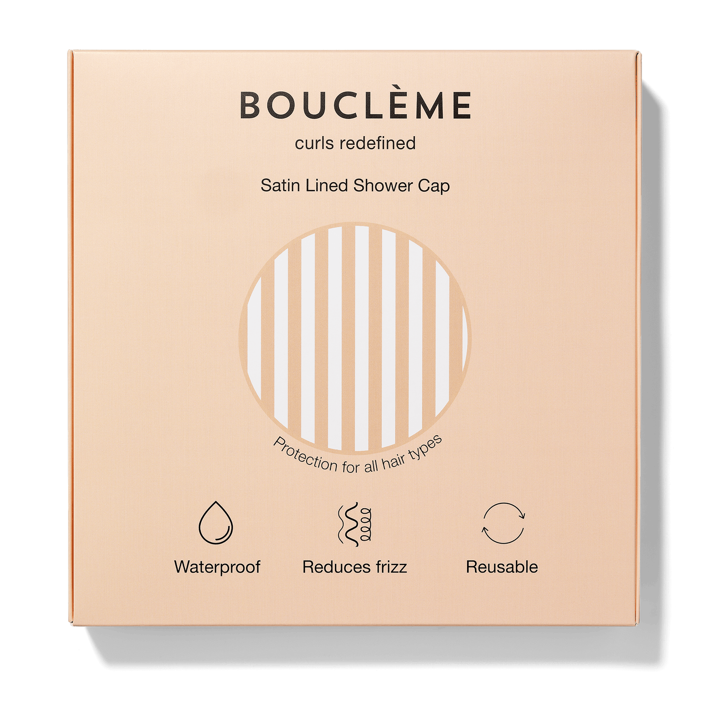 Emballage de bouchons de douche satinés Bouclème sur fond beige