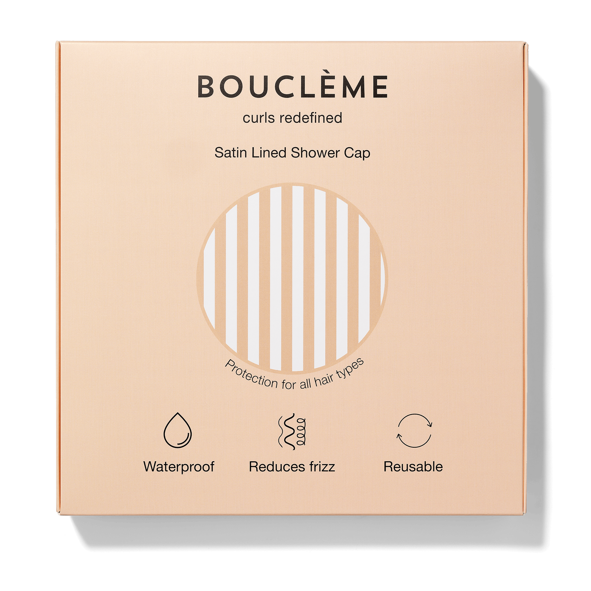 Emballage de bouchons de douche satinés Bouclème sur fond beige