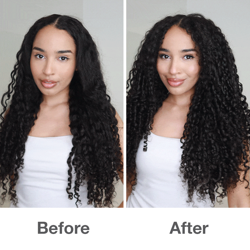 Comparaison côte à côte de cheveux ondulés et bouclés avant et après l'utilisation du Duo Maximum Volume, mettant en évidence l'amélioration du volume, de la définition et de la tenue.