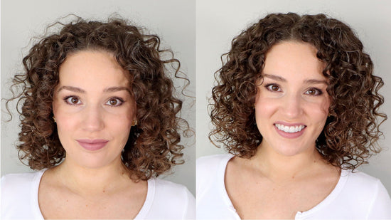 photo avant et après d'une femme aux cheveux ondulés utilisant les produits Bouclème pour cheveux bouclés