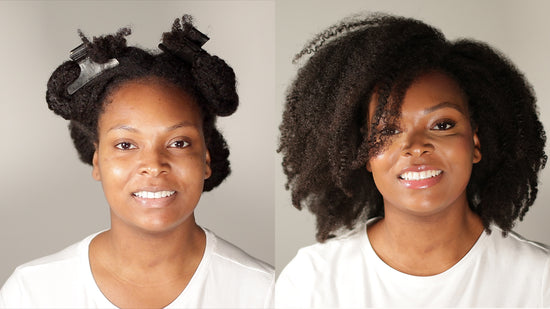 before and after shot of a woman with coily hair using Bouclème products