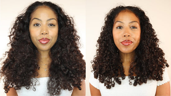 avant et après la prise de vue d'une femme utilisant les produits Bouclème pour cheveux bouclés