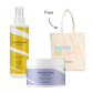 Kit de survie boucles d'été Bouclème comprenant le Spray Défense Boucles, le Traitement Hydratant Intensif et un sac fourre-tout crème avec le logo Bouclème.