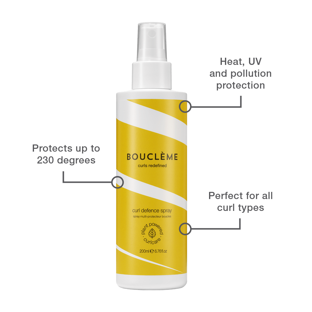 Graphique du spray Curl Defence mettant en évidence les avantages de la protection contre les UV et la chaleur pour les boucles exposées aux éléments de l'été.