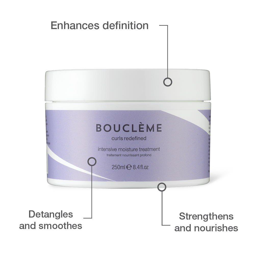 Le graphique du traitement d'hydratation intensive souligne comment la crème améliore la définition, démêle et lisse les cheveux bouclés et renforce et régénère les mèches sèches.  